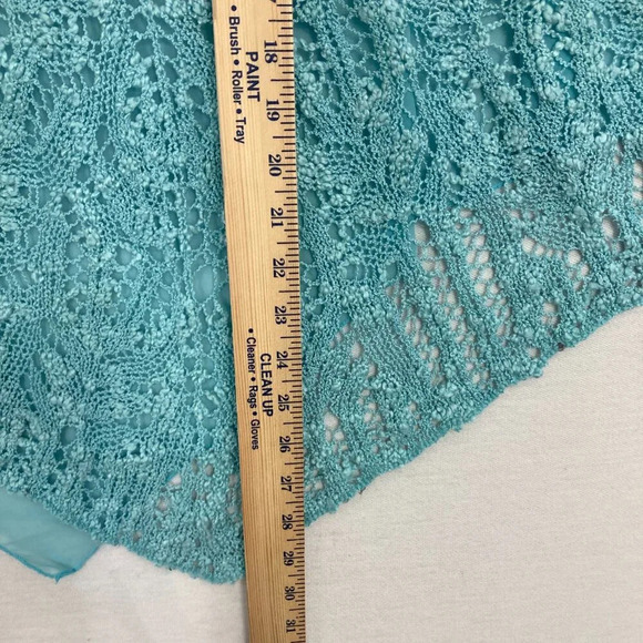New BCBGMaxAzria Blue Turquoise Mixed Media Boho Crochet Chiffon Poncho Top XL - Picture 7 of 12